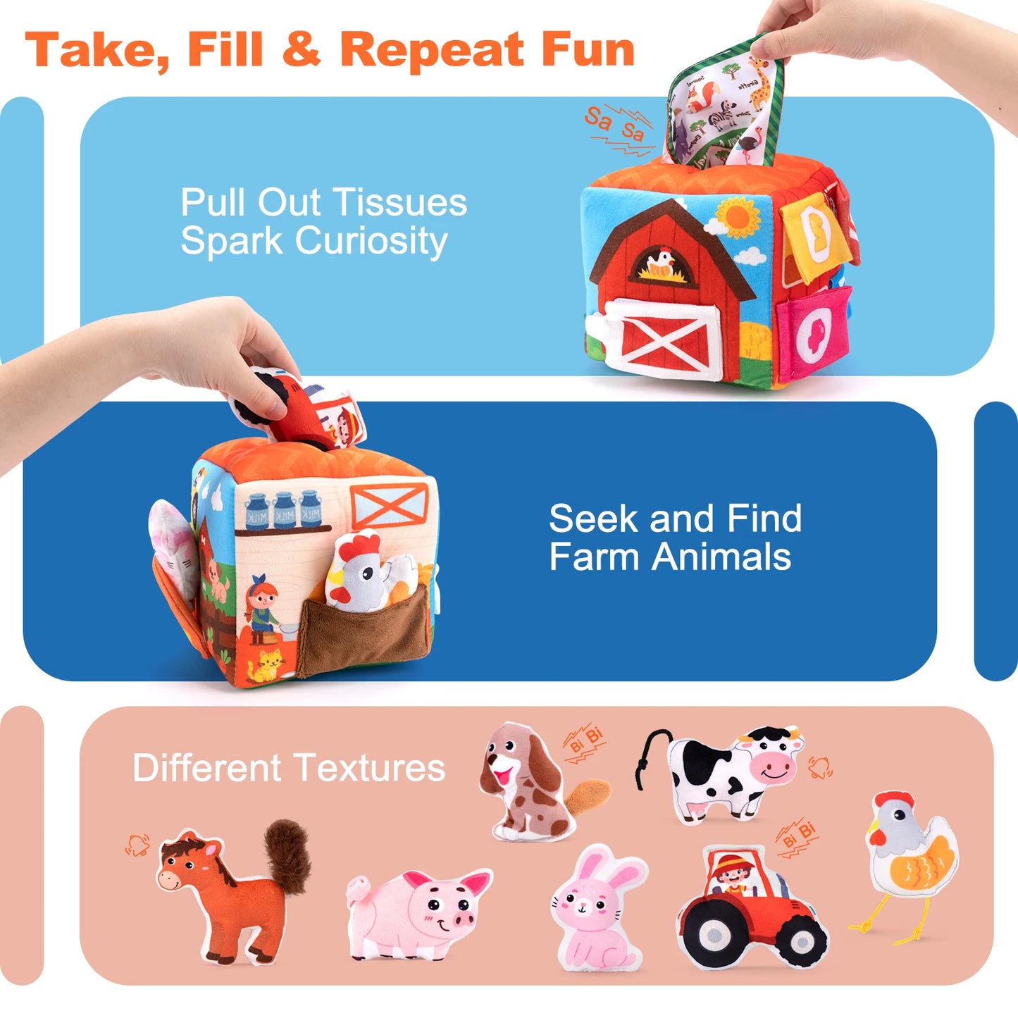 Baby Soft Plush Animal Tissues Box Simulated Farm Animals House Set with Sound Toddler Sensory Cognition Toys Montessori Toys