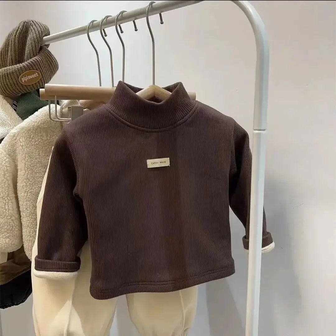 Autumn Winter Unisex Children Velvet T-Shirt Solid Warm Half High Collar Long Sleeve Base Shirt