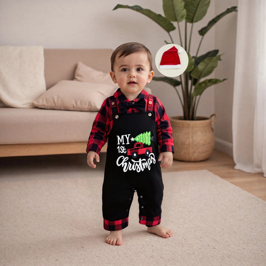 Toddler Boy Winter Outfit Plaid Shirt Long Sleeve Overalls Pants and Hat 3Pcs Christmas Clothes Set Letter Embroidery Jumpsuit
