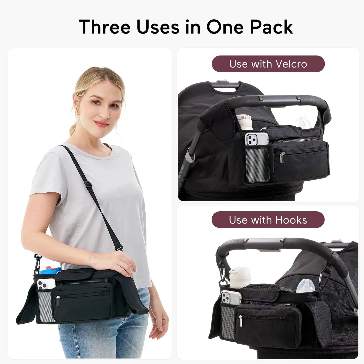 Universal Baby Stroller Organizer, with Insulated Cup Holder Detachable Phone Bag & Shoulder Strap, Fits Pet and Baby Stroller