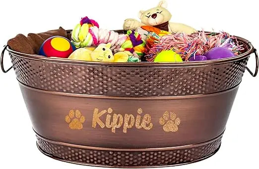 Personalized Metal Dog Toy Bin - Copper Galvanized Storage Bin with Handles, Basket for Pet Toys, Dog Toy Box, Pet Storage - Cus