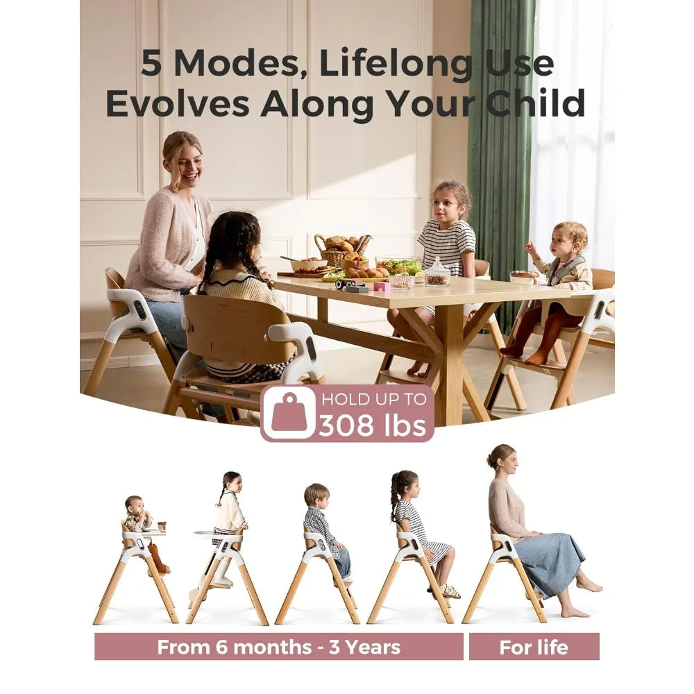 dinerpal wooden high chair for babies, toddlers & adults up to 308 lbs, convertible baby highchair with food-grade tray, dishwa