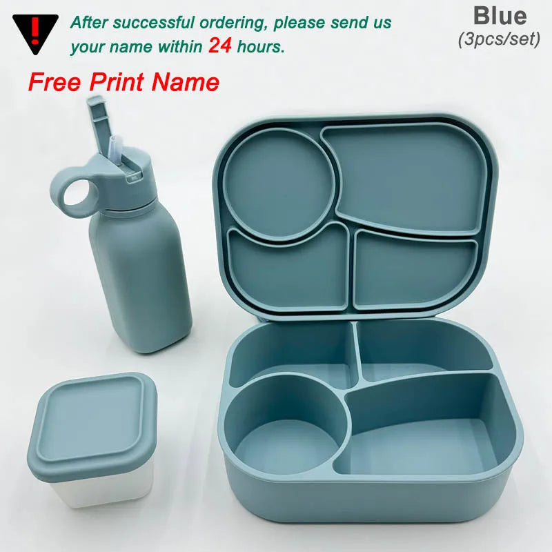 Personalized Name Silicone Lunch Bento Box Straw Water Bottle Sets Camping Picnic Food Drinkware Container Sippy Bottle For Kids