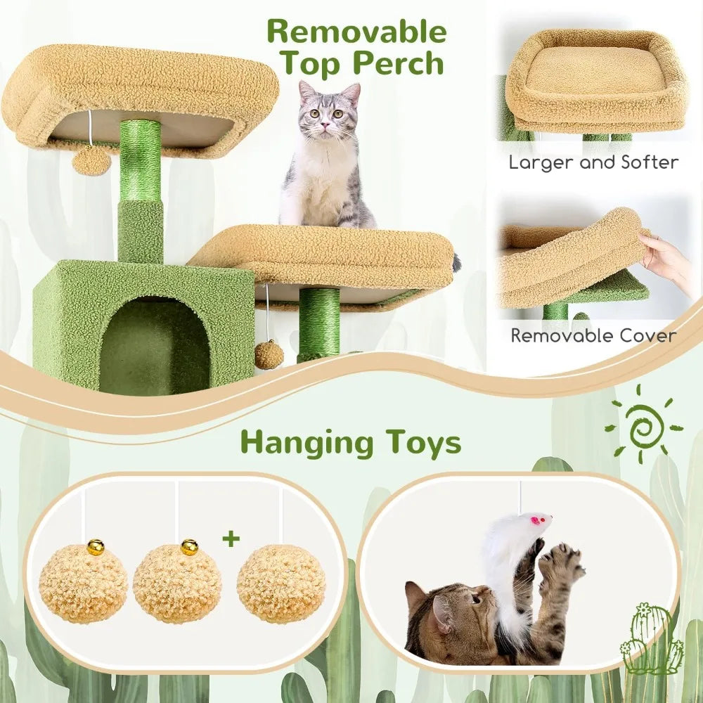 Cactus Cat Tree Tower 76-Inch Extra Tall Multi-Level Cat Furniture with Cozy Condos, Interactive Toys and Perches for Large Cats