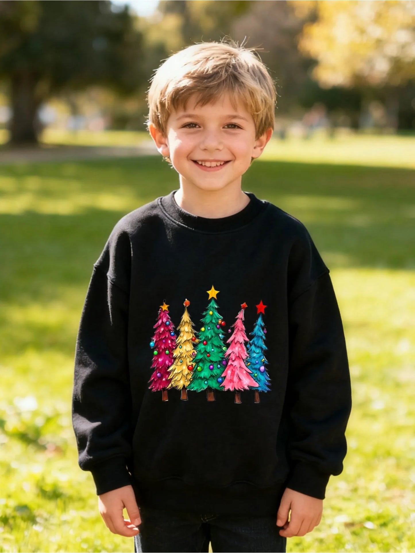 Kids Children's Cotton Sweatshirt Colorful Christmas Trees with Star Toppers for Boys Girls Winter Seasonal Theme Outfit