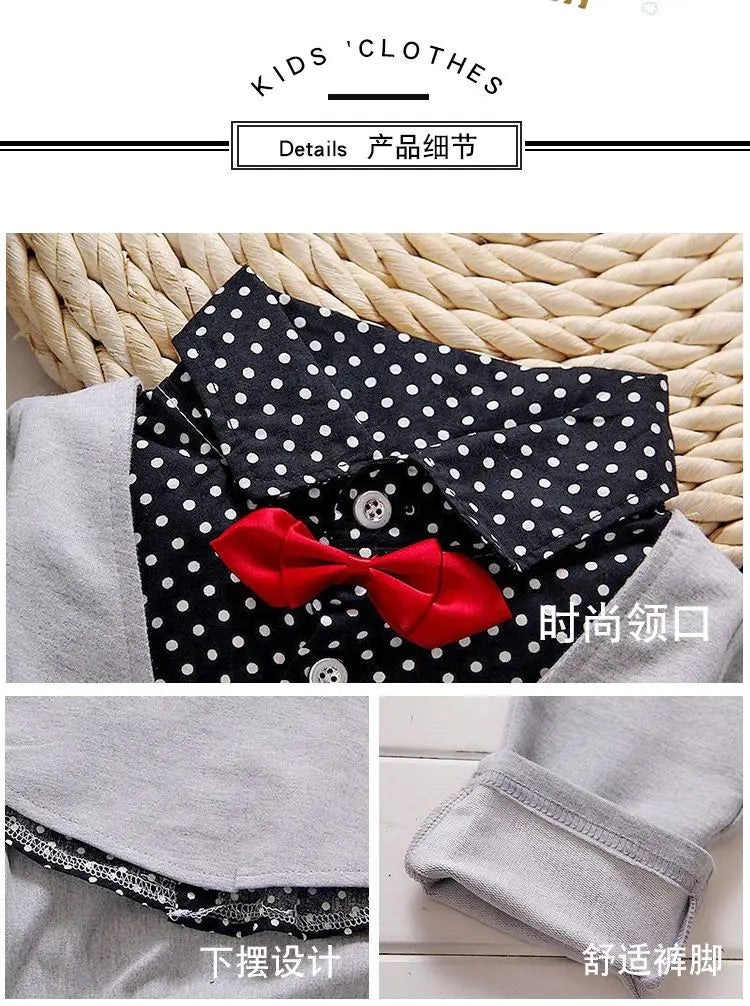 Autumn toddler boy polka dot V-neck bow tie shirt+suit jacket+letter printed trousers 3Pcs suit