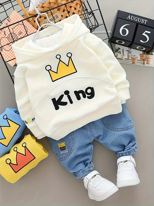 Boys' and girls' spring and autumn new fashion trend crown hooded long sleeve sweater boys' and girls' jeans two piece set