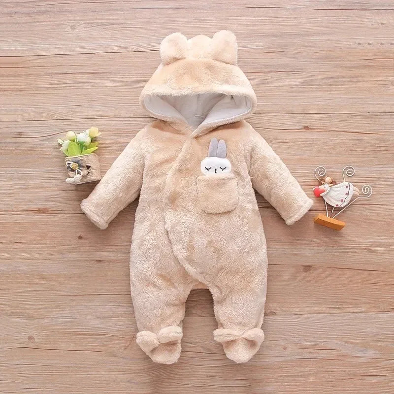 New Autumn Winter Baby Plush Climbing Clothes - Warm Thick Cartoon Dog/Rabbit Cotton Outfit for 0-2 Years Old | Cute Baby Romper