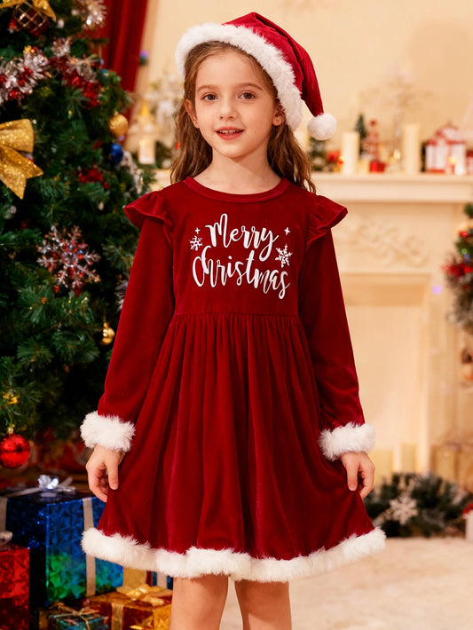 Girls Halloween Christmas Dress Letter Print Long Sleeve Crewneck Party Wear Autumn Winter Fashion Cute Versatile Outfit