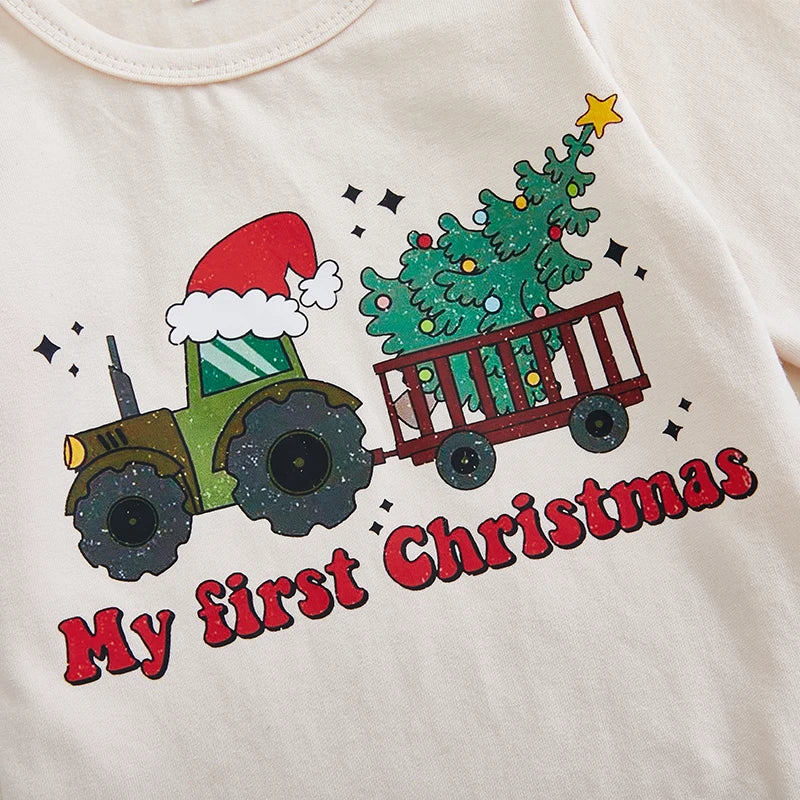 Infant Christmas Outfit Adorable Long Sleeve Romper with Tree Print Matching Pants and Hat for Baby Boy s Holiday Look