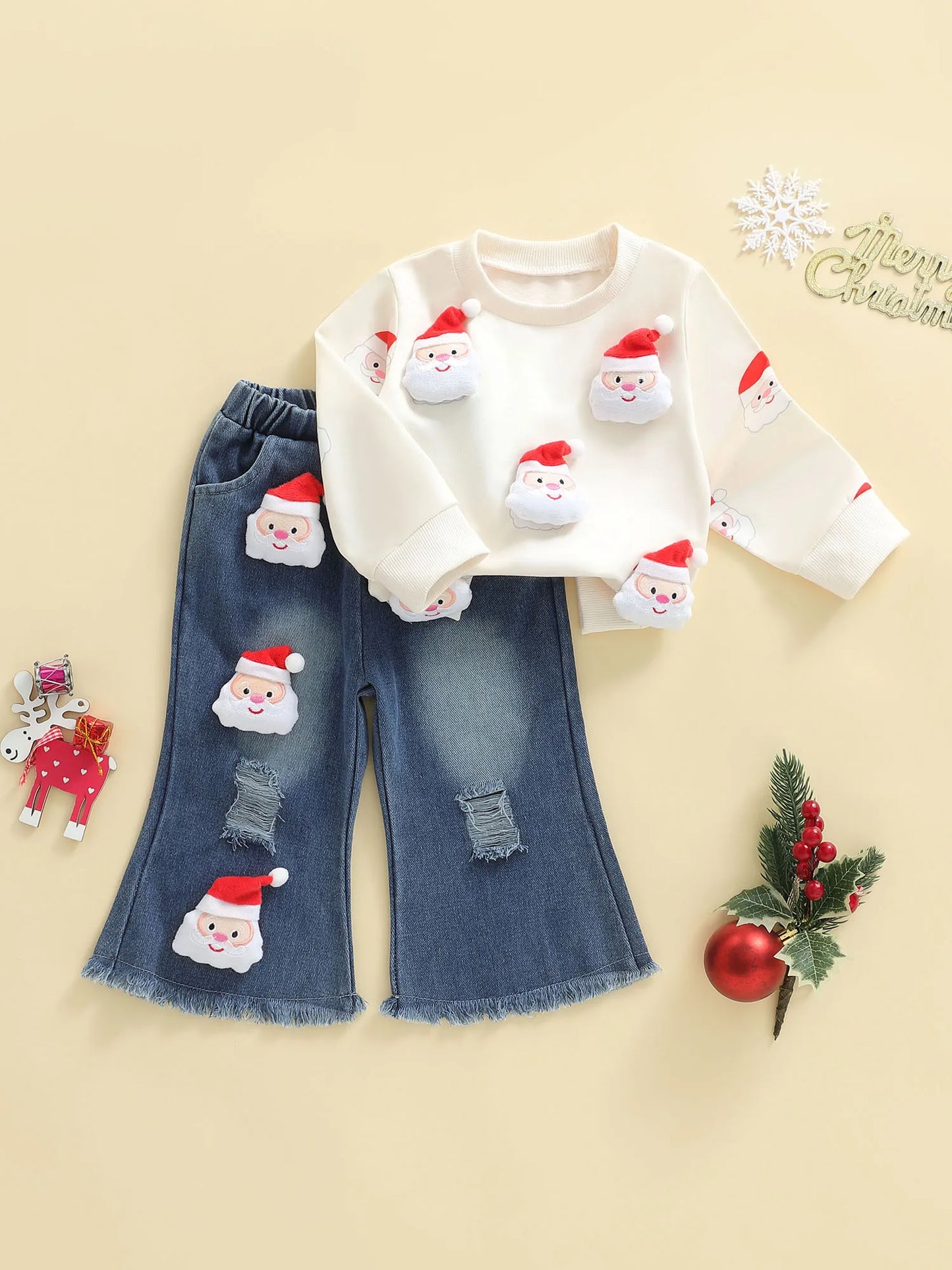 Toddler Girl Christmas Outfits 3D Reindeer Long Sleeve Round Neck Pullover Elastic Waist Ripped Denim Pants 2 Pcs Set