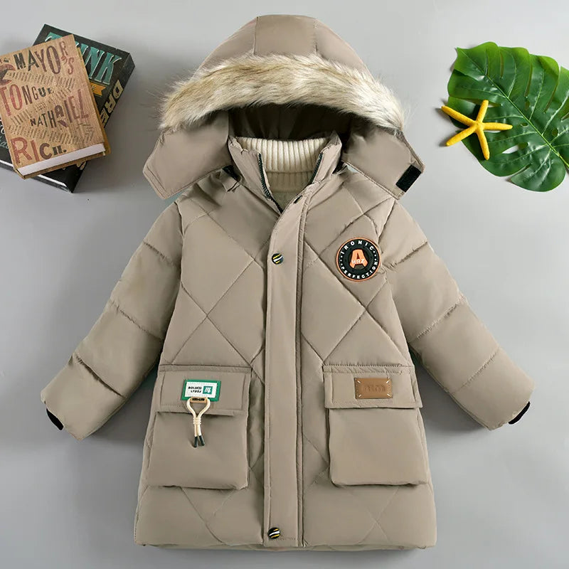 New Winter Boys Jacket Long Style Letter Print Thick Warm Hooded Coat Fur Collar Down Cotton Outerwear For 4-10 Years Kids