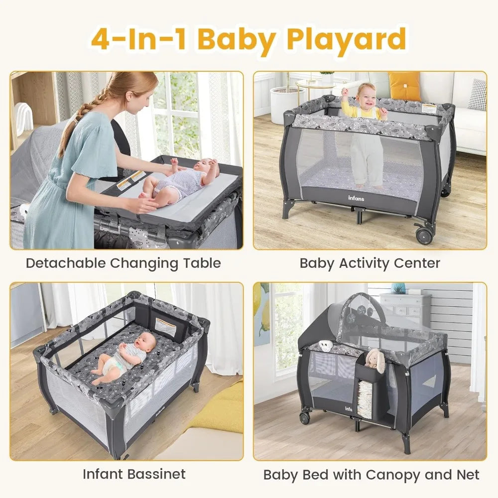 4 in 1 Pack and Play, Portable Travel Baby Playard with Bassinet, Changing Table, Canopy, Mosquito Net, Hanging Toys,