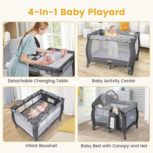 4 in 1 Pack and Play, Portable Travel Baby Playard with Bassinet, Changing Table, Canopy, Mosquito Net, Hanging Toys,
