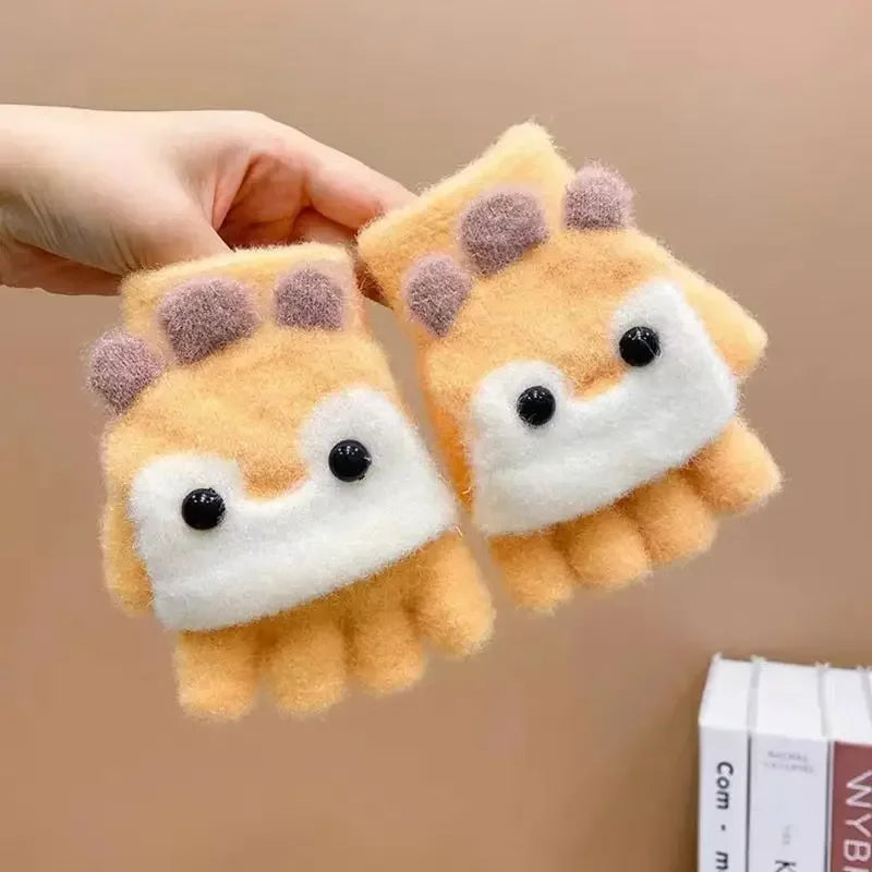 2-8Y Kids Winter Plush Mittens - Cute Penguin Cartoon Flip Half & Full Finger Gloves for Boys & Girls