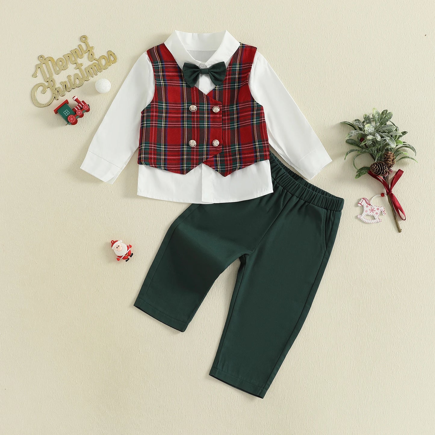 Baby Boy Formal Suit Set with Bow Tie Button-up Shirt Plaid Vest and Elastic Pants for Christmas Party or Special Occasions