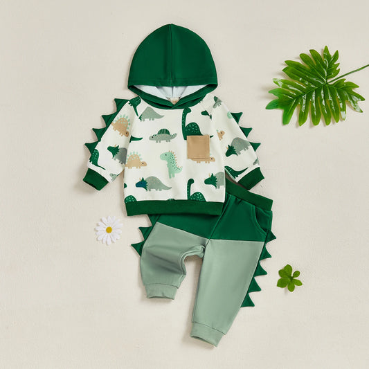 Baby Boy Autumn Clothes Cartoon Dino Pattern Hooded Sweatshirt Stretchy Jogger Pants 2 Piece Suit
