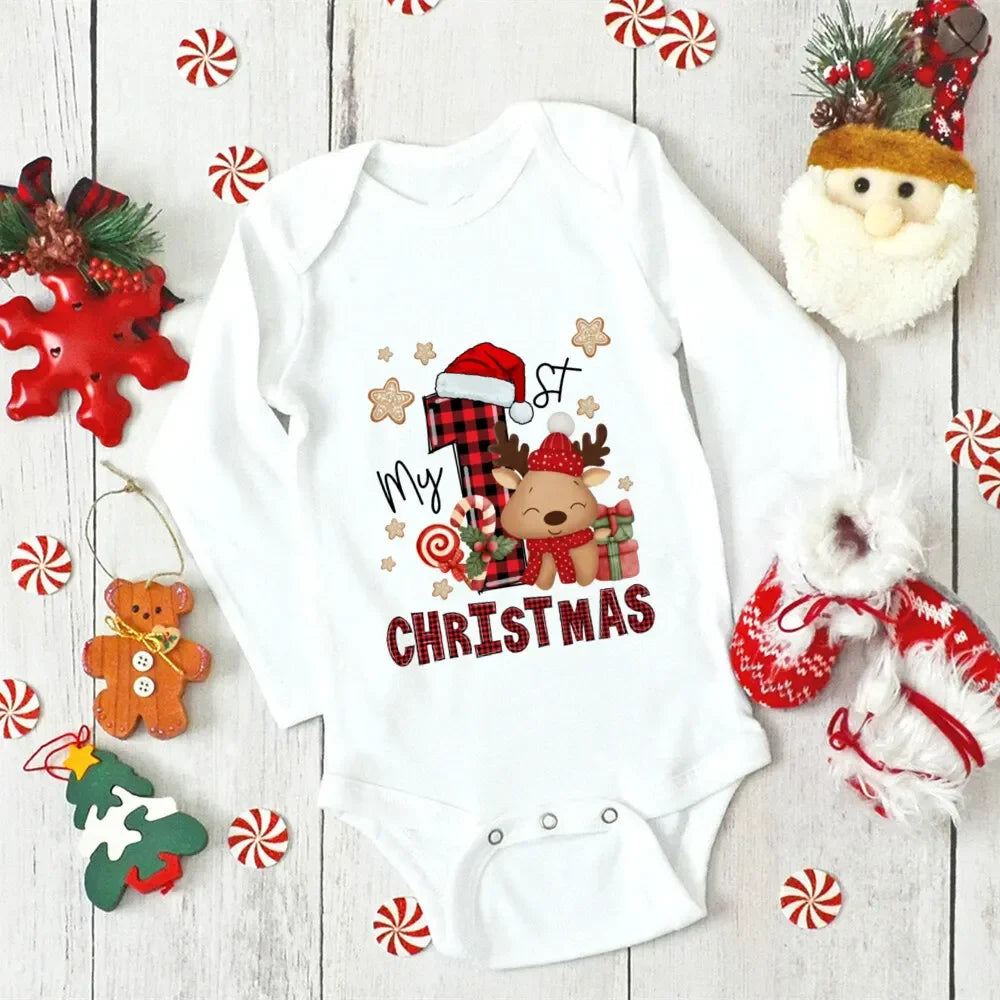 My First Christmas Newborn Baby Long Sleeve Romper Cartoon Deer Santa Printed Outfit Infant Baptism Bodysuit Clothes Xmas Gift