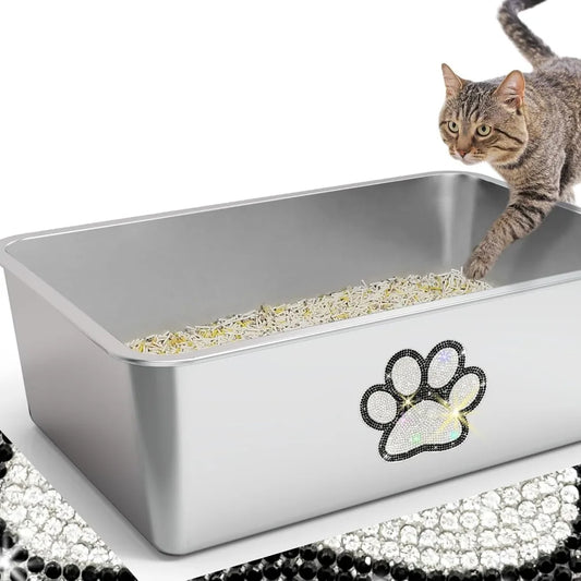 Stainless Steel Cat Litter Box High Side, XL Metal Litter Pan with Bling Paw, Kitten Toilet Pet Cleaning Tool for Big & Small Ca