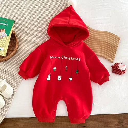Christmas Children Clothes 0-24M Newborn Baby Boys Girls Bodysuits Long Sleeved Cartoon Velvet Jumpsuit New Year Clothing