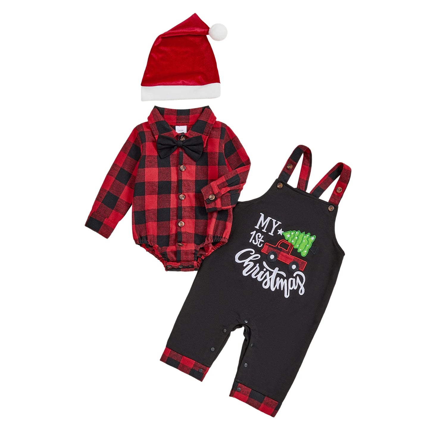 Toddler Boy Winter Outfit Plaid Shirt Long Sleeve Overalls Pants and Hat 3Pcs Christmas Clothes Set Letter Embroidery Jumpsuit