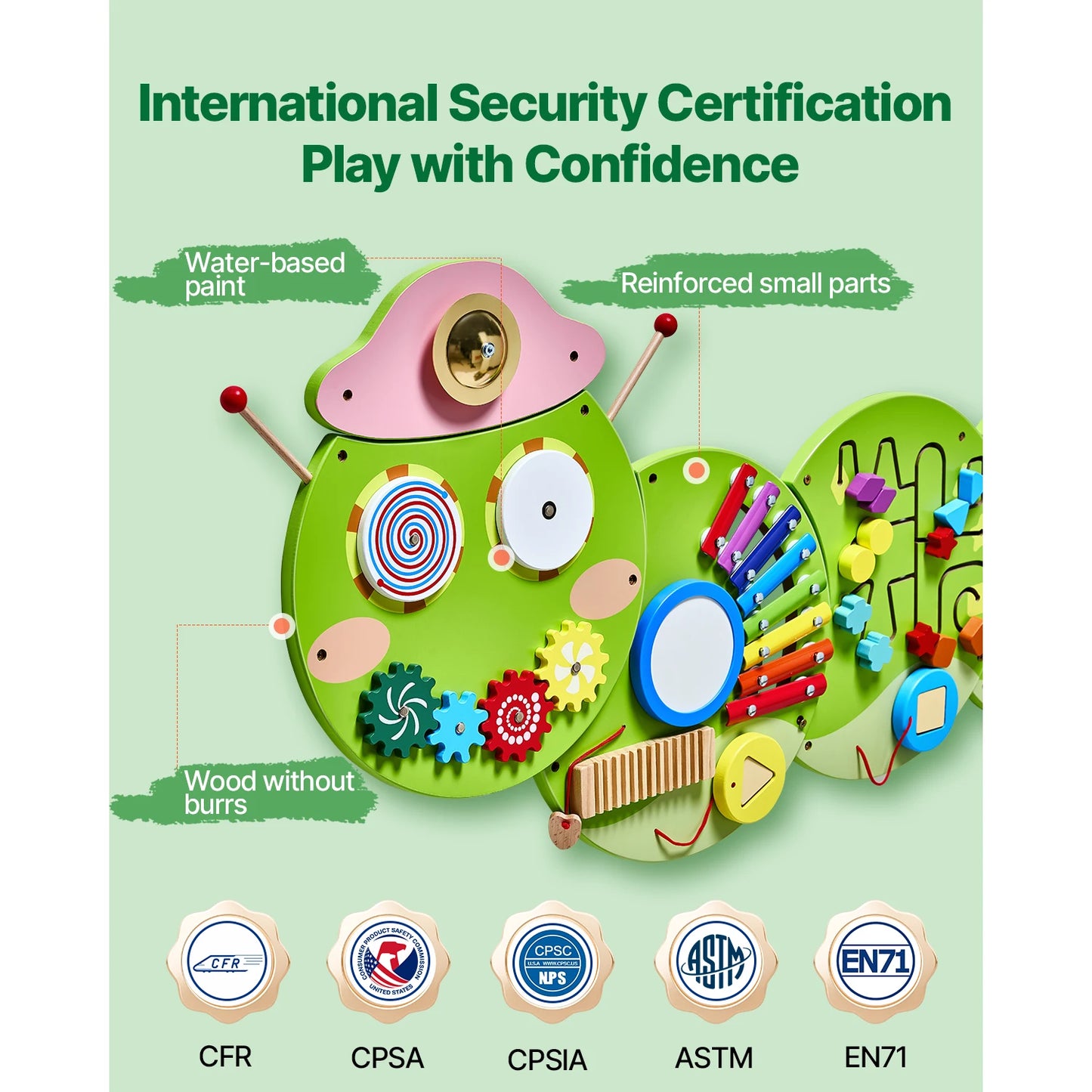 SucceBuy Caterpillar Children Wall Busy Board 12 Activities Montessori Sensory Learning Center for Kids 3-12 Years Playroom Toys