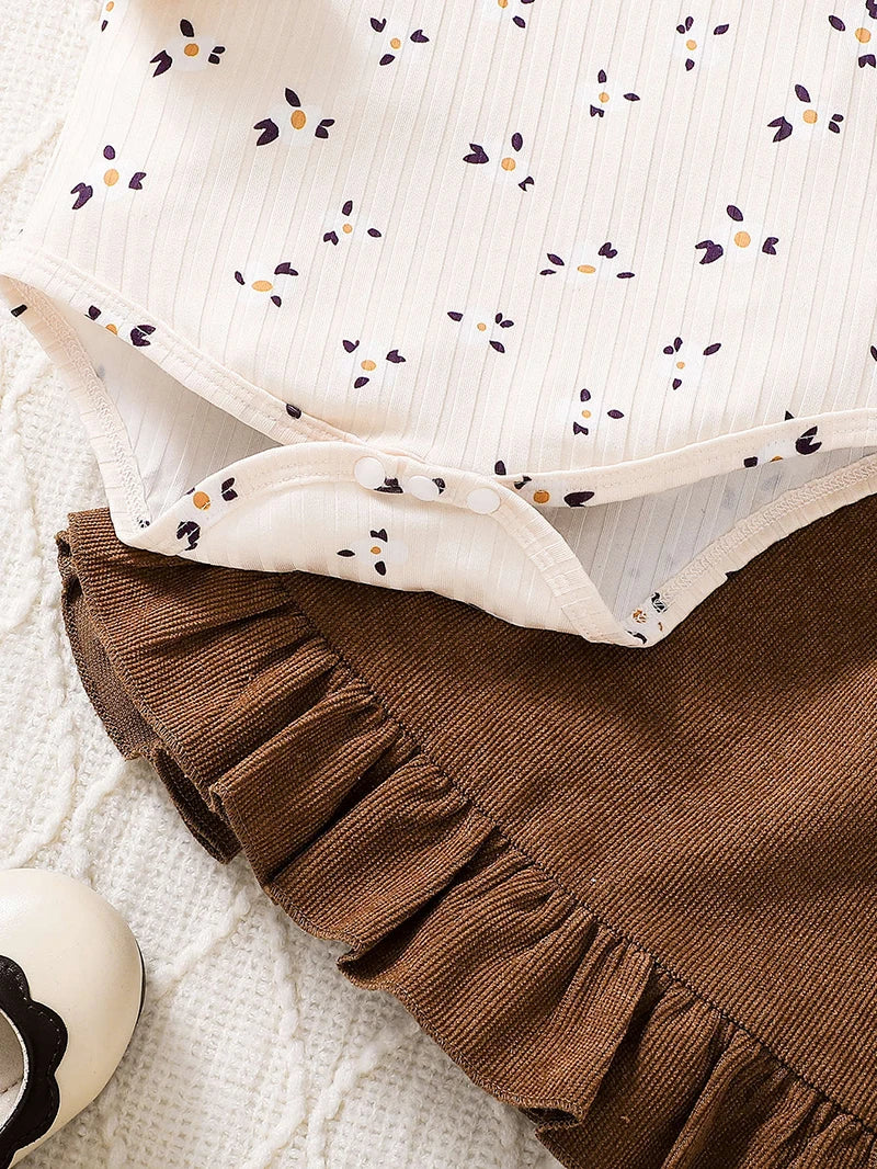 2Pcs Floral Bodysuit and Strap Dress  Set for Baby Girls Spring Autumn Infants One Piece Clothing 0-2Y Toddler Outfit