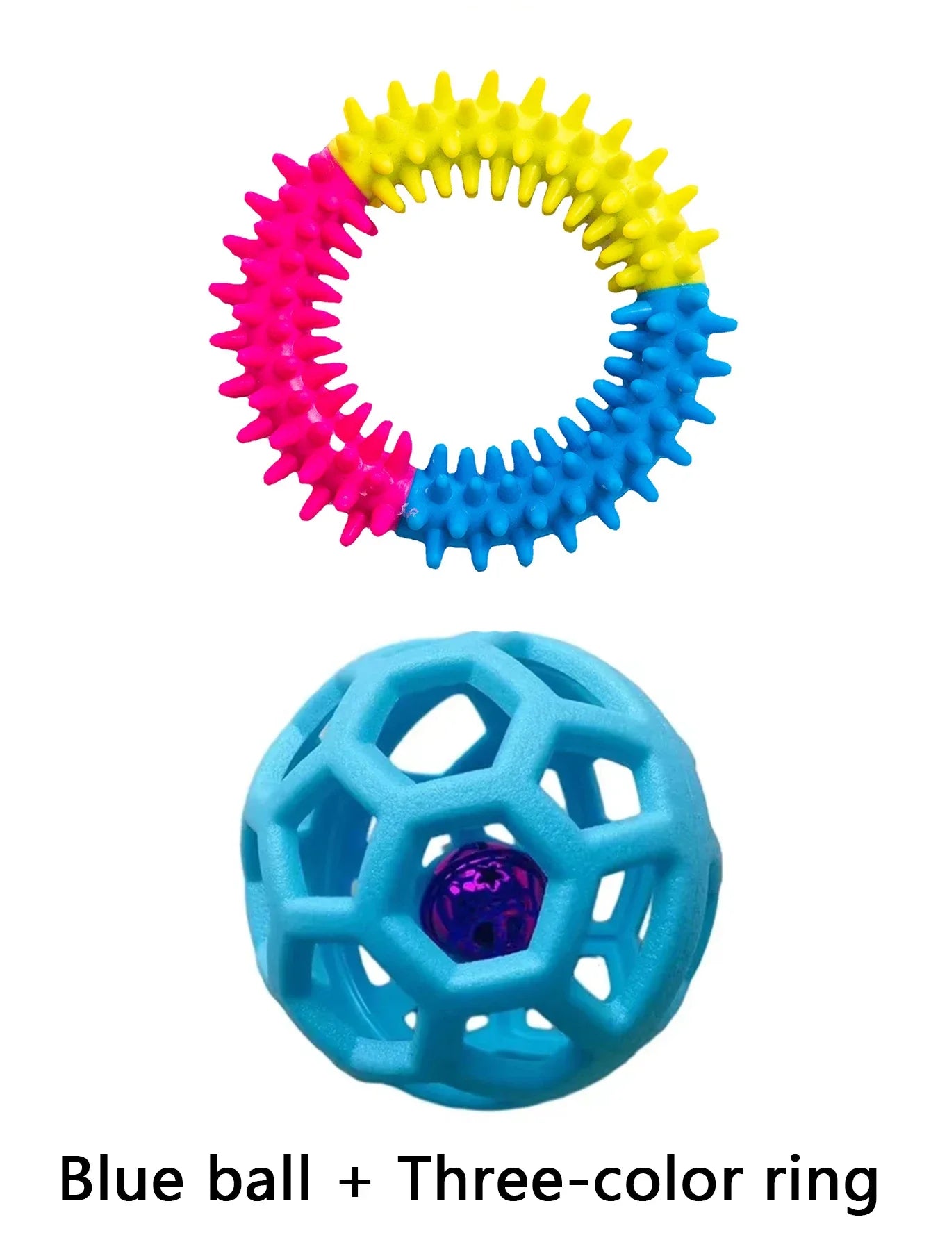 2 Pet Dog Toys: Bite-Resistant Bell Ball & Tri-Color Molar Ring, Soft Rubber for Teeth Grinding & Chewing