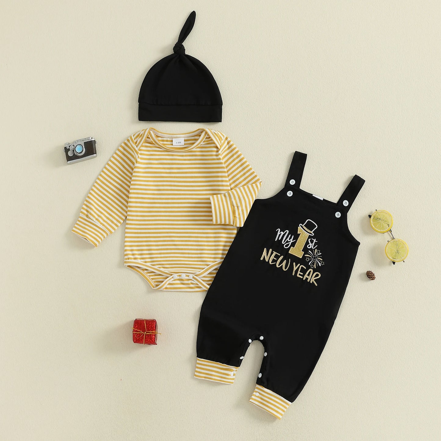 Adorable Newborn Boy 3 Piece Set with Long Sleeve Striped Romper Embroidered Overalls and Matching Hat for a Stylish Look