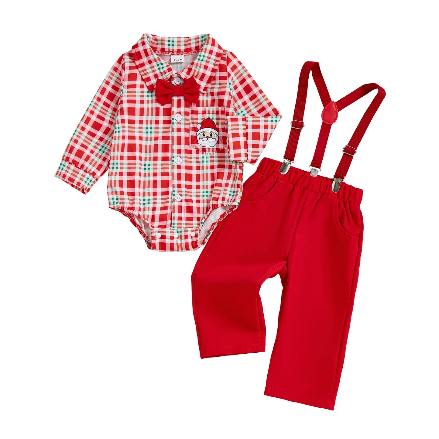 Toddler Boys Holiday Outfit Long Sleeve Plaid Shirt and Suspender Pants Set with Bow Tie Christmas Party Costume