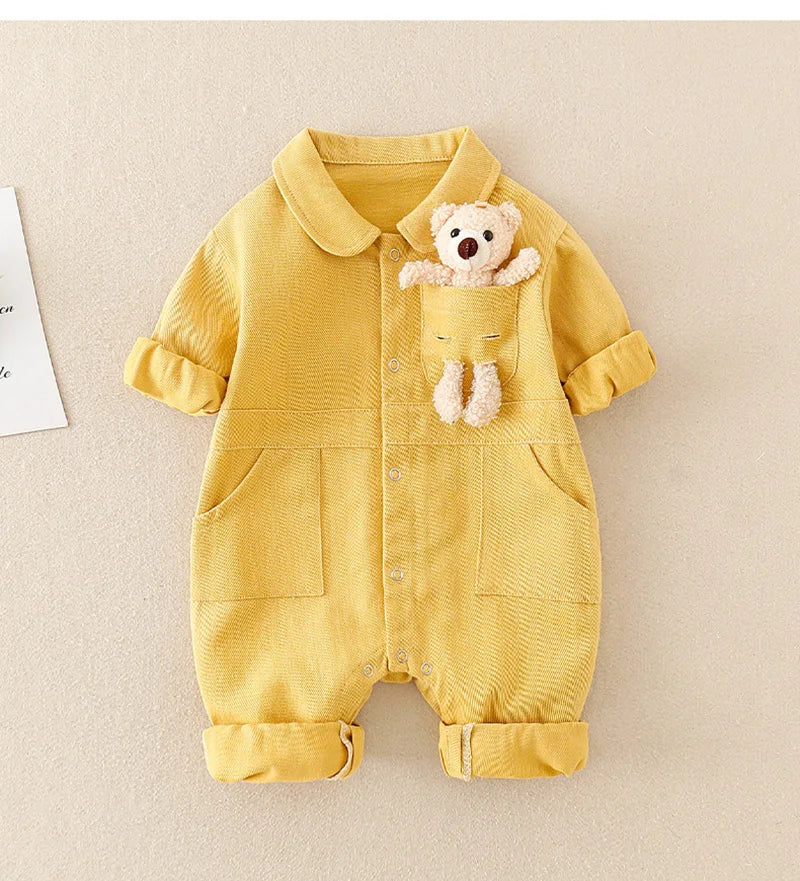Spring Denim Baby Jumpsuit Cartoon Pocket Bear Romper for Boys Girls Newborn Overalls Korean Style Onesie Autumn Kids Clothing