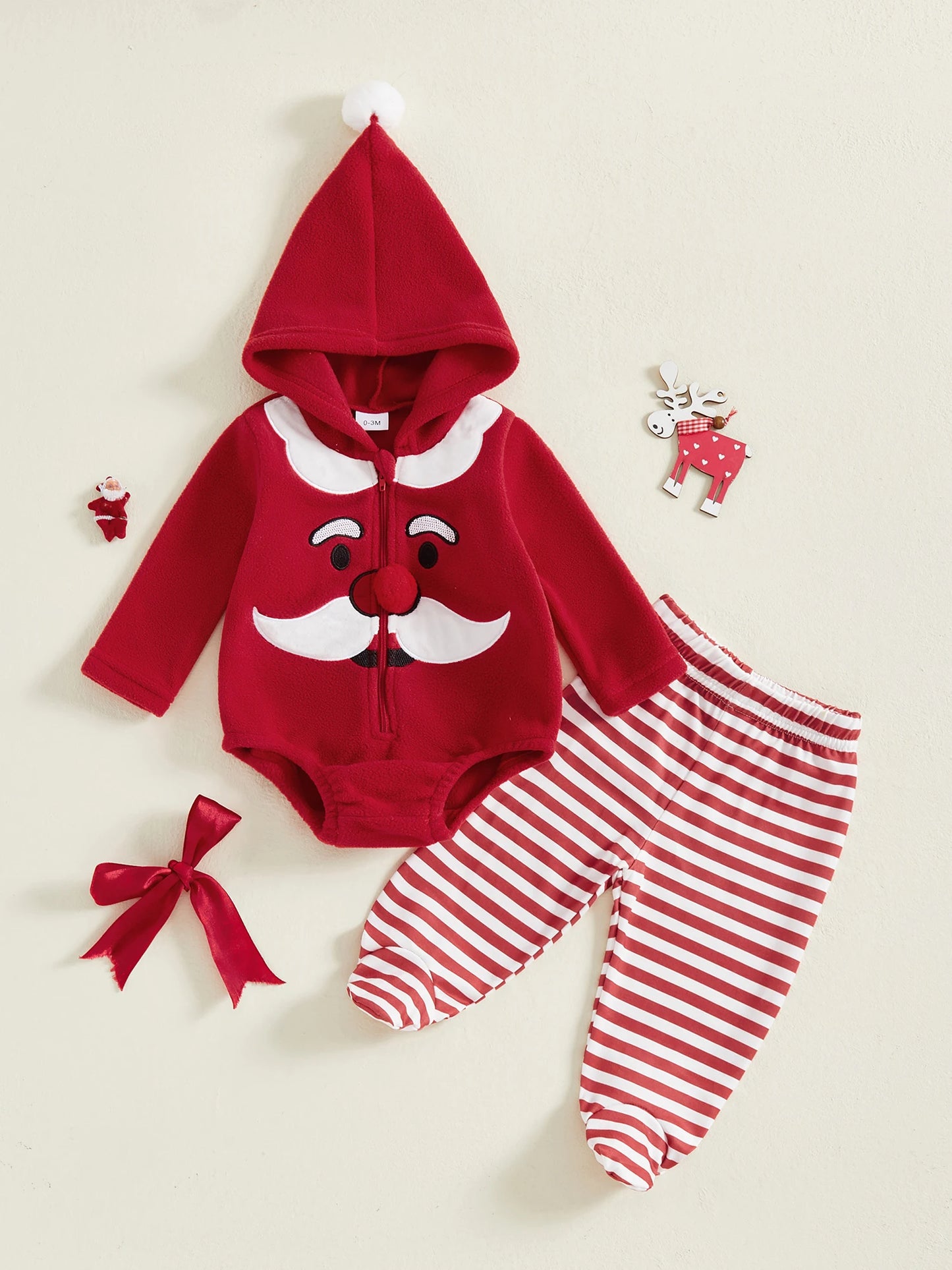 Christmas Toddler Outfit Adorable Santa Claus Hooded Jumpsuit with Matching Striped Pants for Baby Boys and Girls