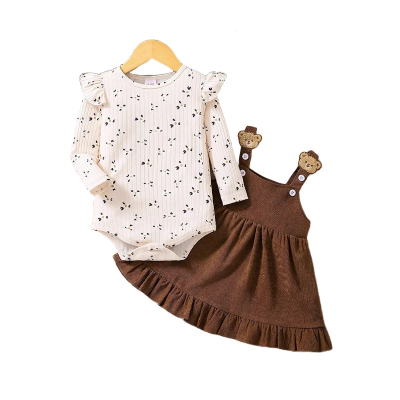 2Pcs Floral Bodysuit and Strap Dress  Set for Baby Girls Spring Autumn Infants One Piece Clothing 0-2Y Toddler Outfit
