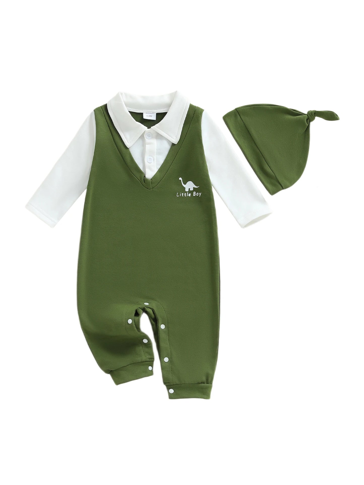 Toddler Boys Autumn Romper Color Block Long Sleeve Lapel Animal Print  Outfit with Matching Beanie