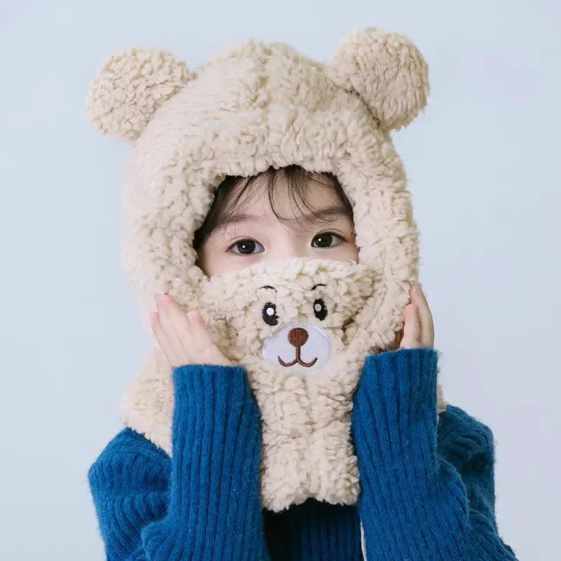 Children's Winter Hat Neck One - Piece Plush Cap with Cute Bear Design, Ear - Protection & Face Cover, for Boys & Girls
