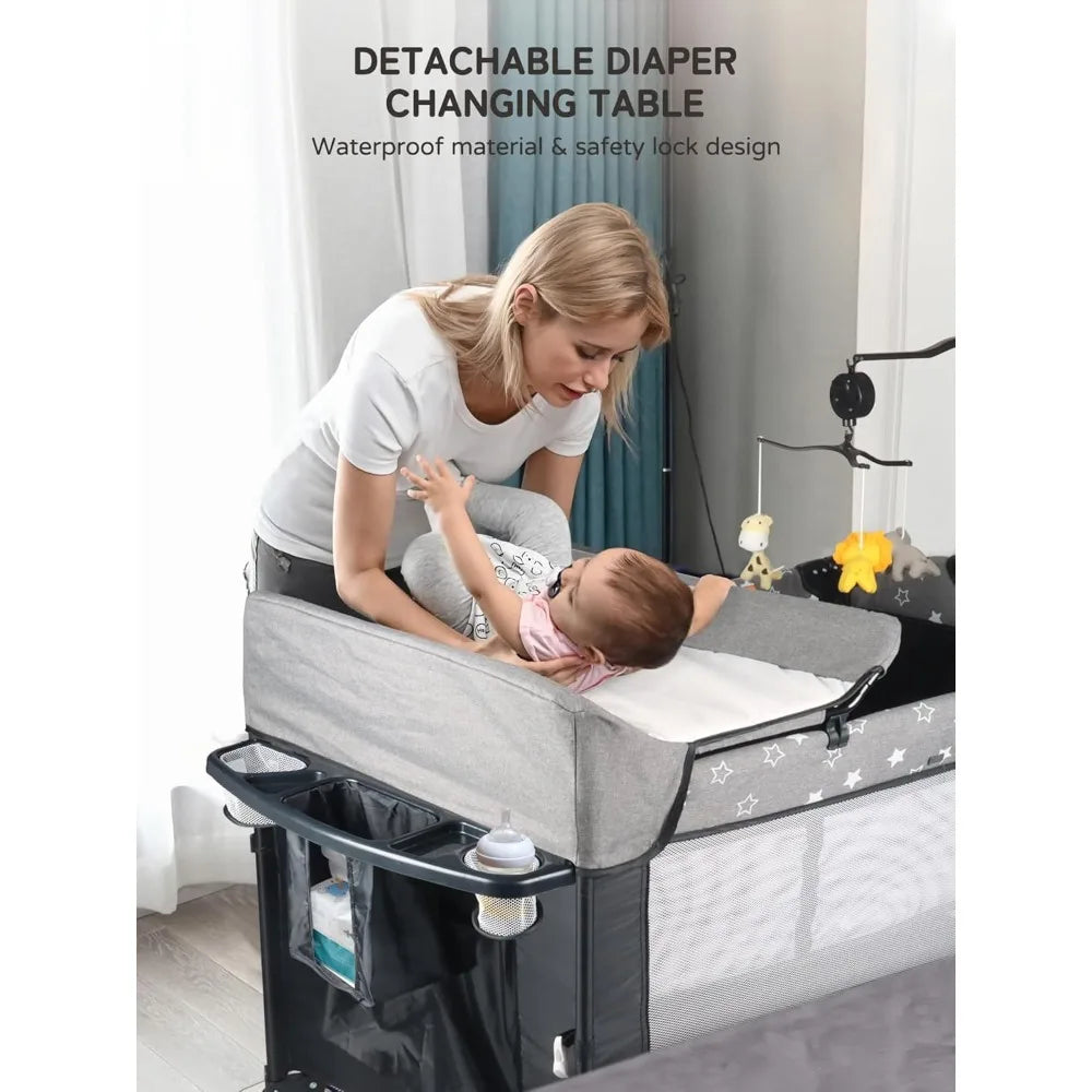 Bedside Bassinet for Baby, Portable Baby Crib with Mosquito Net, Mattress, Diaper Changer, Playpen for Newborn to Toddles, Pack