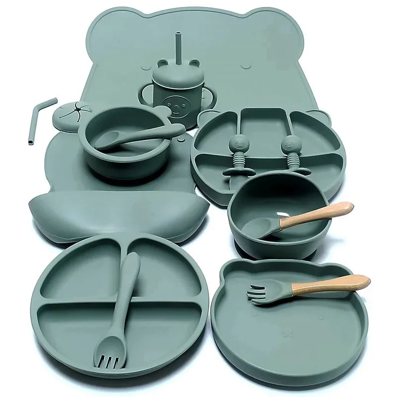 16pcs Dinner Plate Set Silicone Children's Tableware Set Baby Complementary Suction Cup Bowl Spoon Mother and Baby