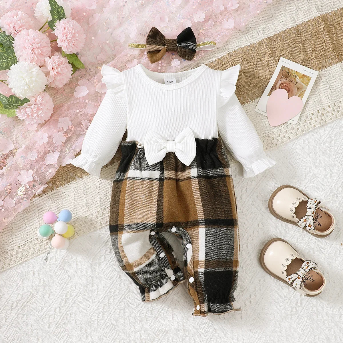 0-18 Months Baby Girl Spring Autumn Outfit Pink Checkered Flying Sleeve Long Sleeve Jumpsuit + Headband
