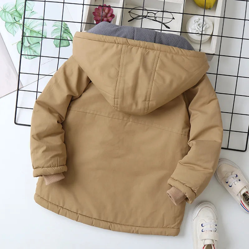 Autumn Winter 4-14 Year Boys Hooded Plus Velvet Thicken Warm Children Parka Teenage Boy Outerwear Jacket