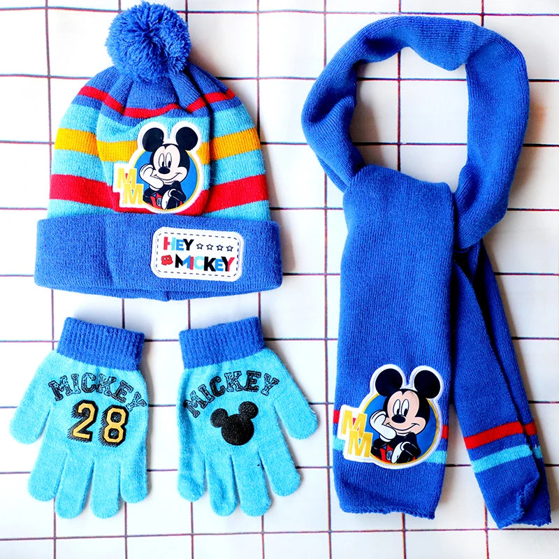 Disney New Autumn and Winter Cute Children Mickey Minnie Mouse Cartoon Scarf Hat Glove three-piece Warm Boy Girl Child hat