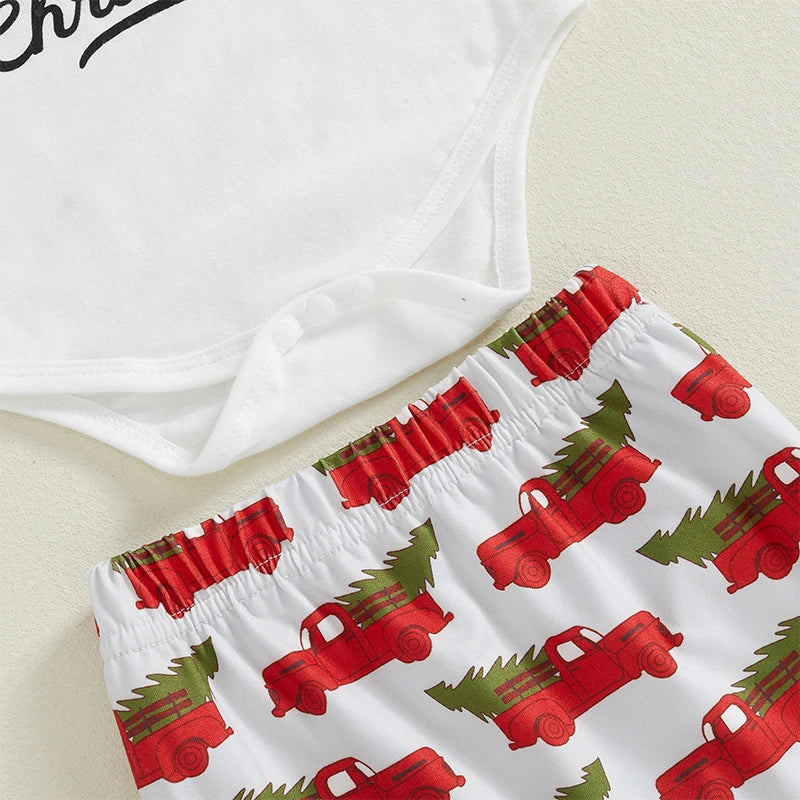 3Pcs Baby Christmas Outfits Long Sleeve Truck Print Romper Pants Hat Set Infant Clothes