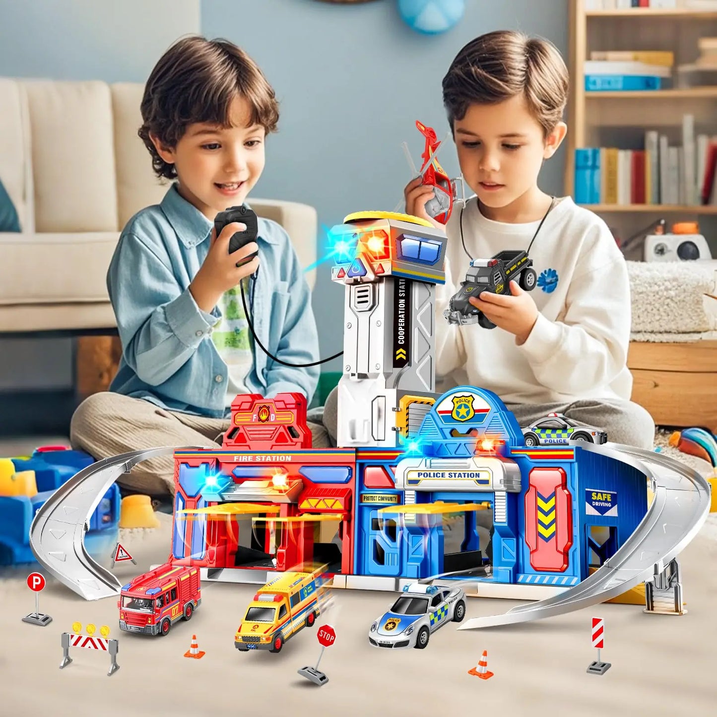 Kids Toys 29.5'' Large City Action Rescue Vehicle Toddler Police Fire Station Transform Track with 4 Cars Helicopter Gifts for3+