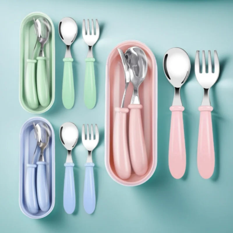 Baby Gadgets Tableware Set Children Utensil Stainless Steel Toddler Dinnerware Cutlery Cartoon Infant Food Feeding Spoon Fork