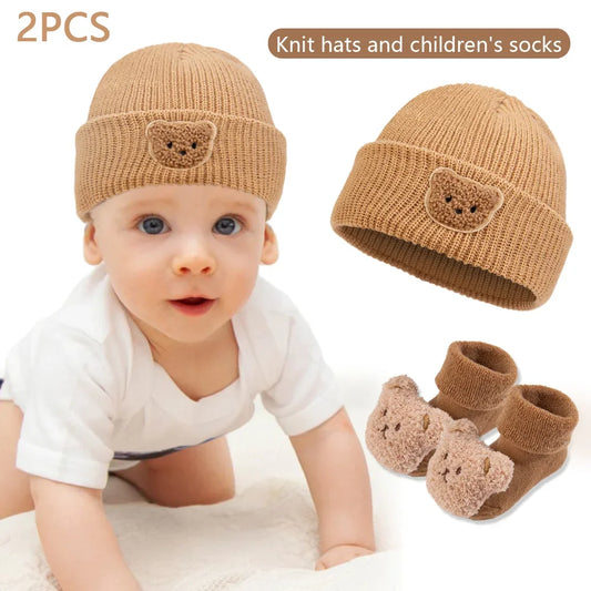 Baby Winter Warm Thicken Set 2Pcs Knitted Beanie & Bear Plush Socks for Infant Boys Girls 0-12M