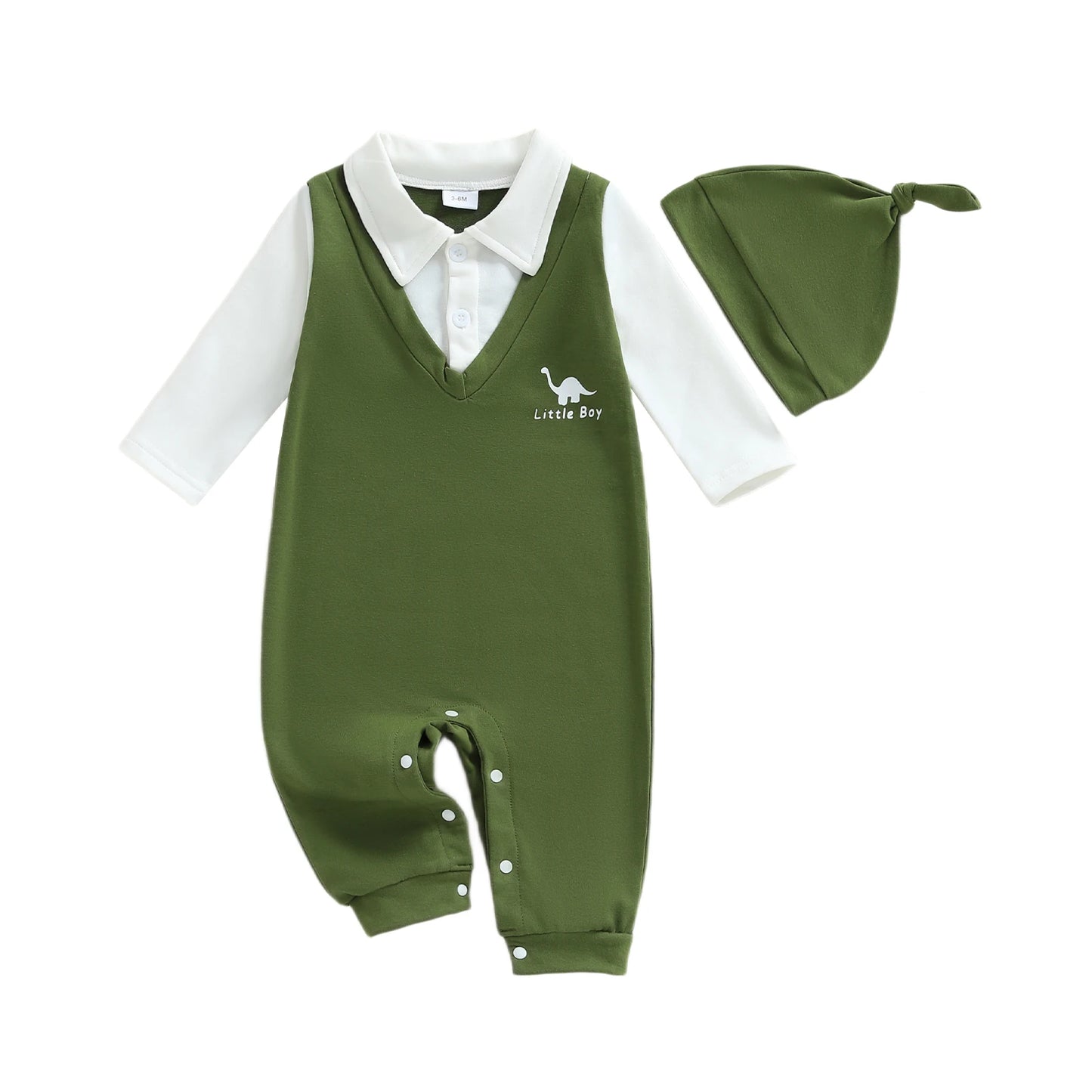 Toddler Boys Autumn Romper Color Block Long Sleeve Lapel Animal Print  Outfit with Matching Beanie