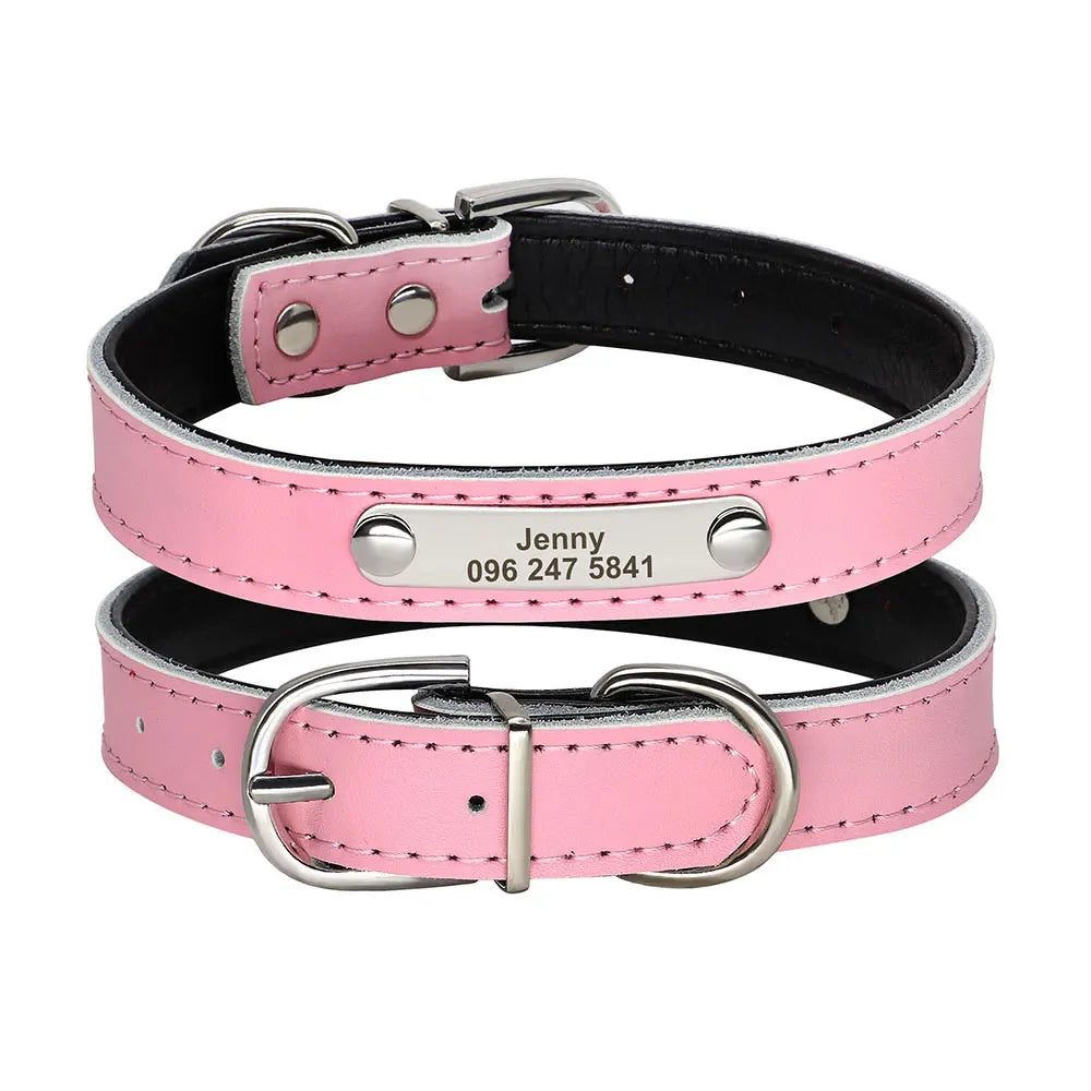 Personalized Dog Collar PU Leather Puppy Dogs Collars Free Custom Pet Neckace Engraved Name ID For Small Medium Dogs Cats Pink