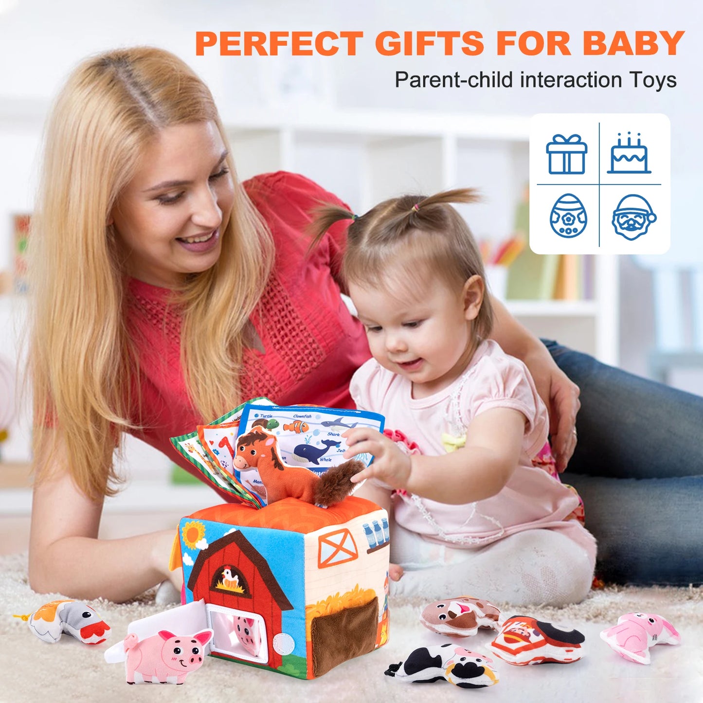 Baby Soft Plush Animal Tissues Box Simulated Farm Animals House Set with Sound Toddler Sensory Cognition Toys Montessori Toys