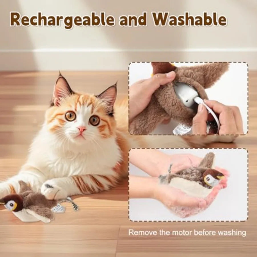 Chirping Bird Cat Toy Interactive Flapping Bird Cat Toy for Indoor Cats Silated Rechargeable Flappy Sparrow with Catnip Pouch