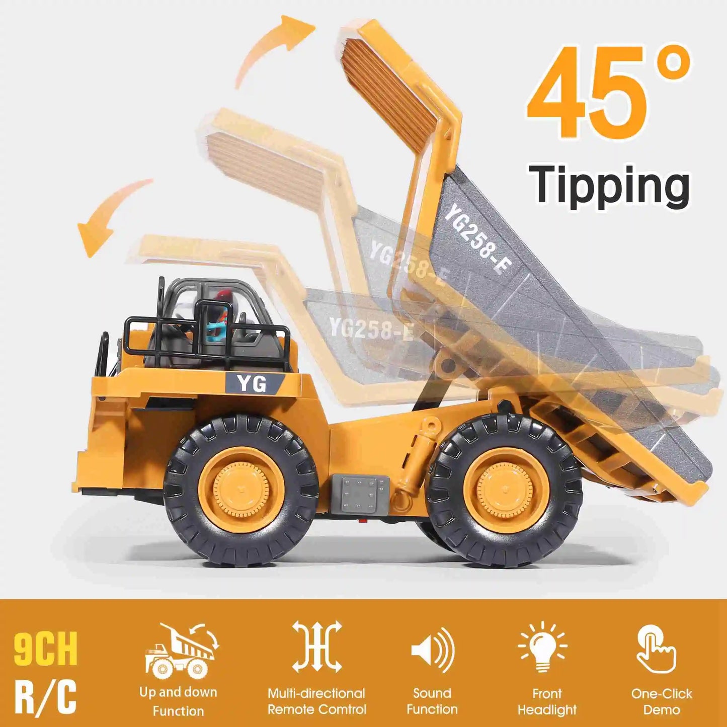 9 Channel Dump Truck Toy Yellow Double Battery Remote Control Dump Truck with Light Sound for Present