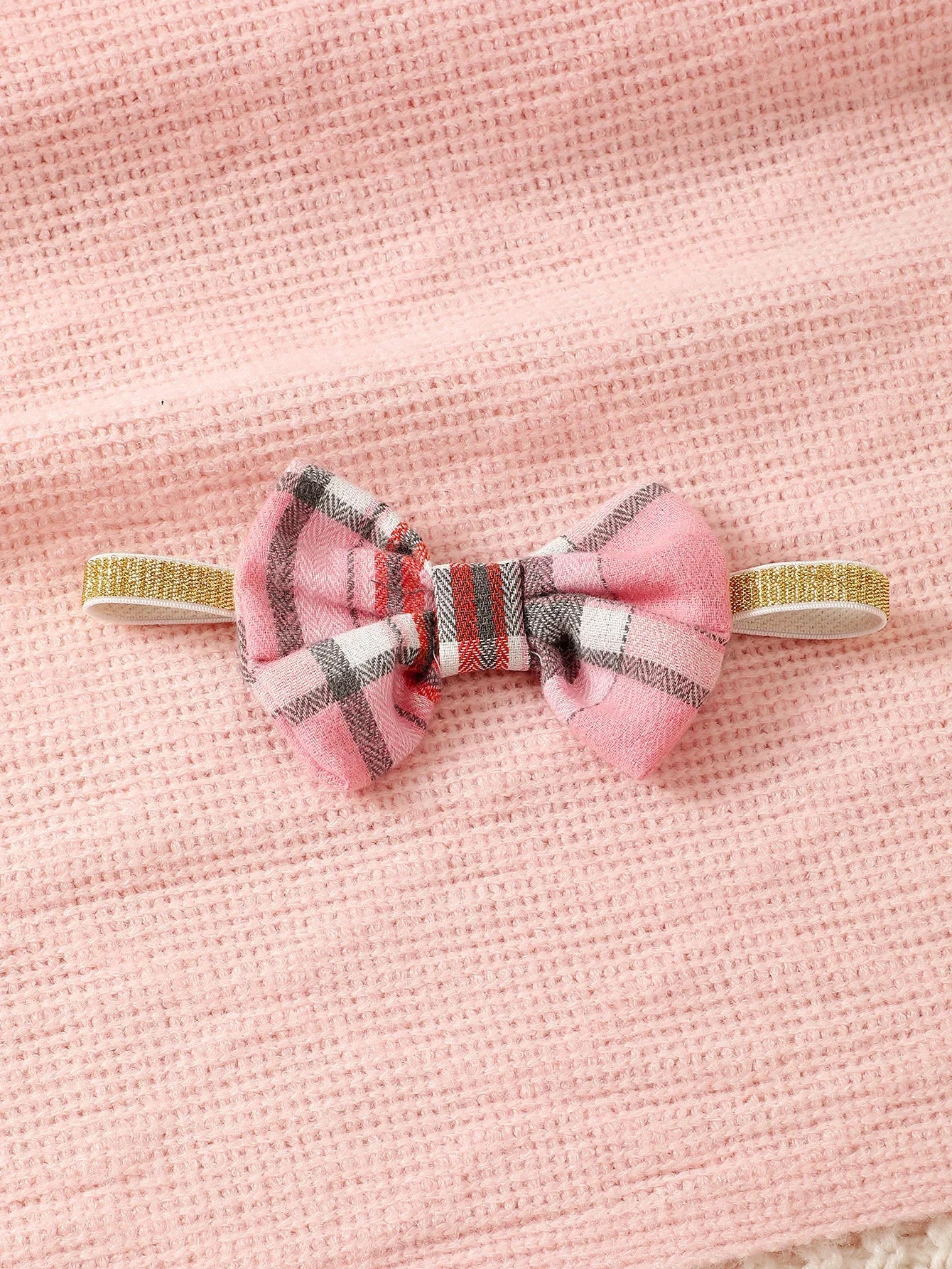 0-18 Months Baby Girl Spring Autumn Outfit Pink Checkered Flying Sleeve Long Sleeve Jumpsuit + Headband